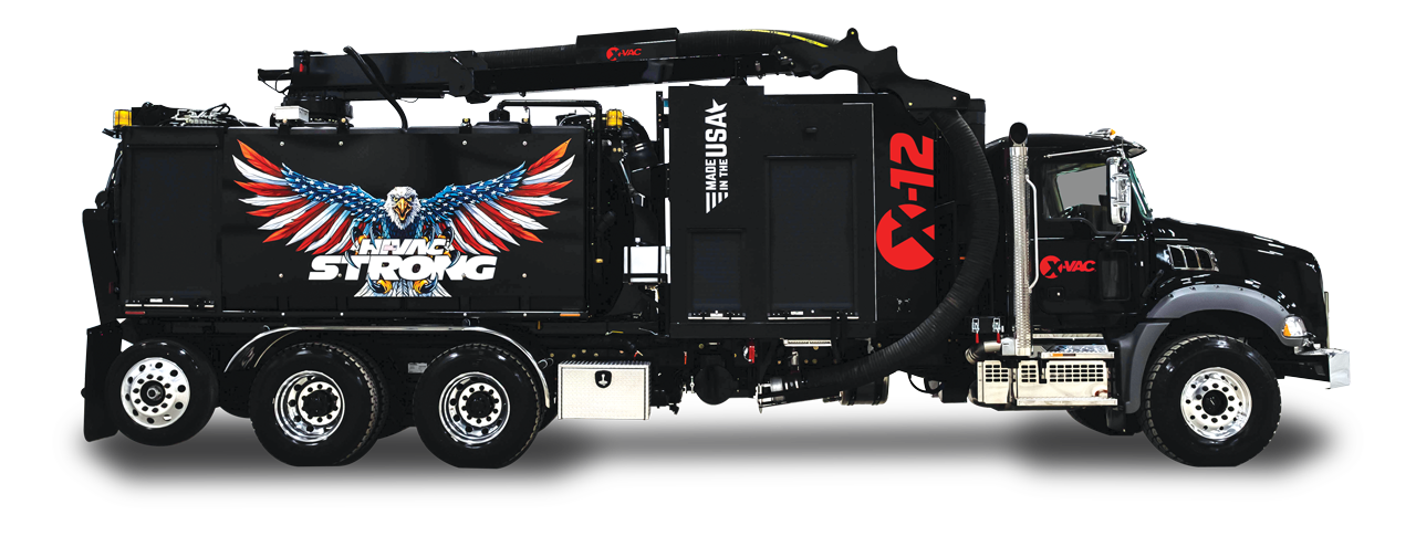 Black X-Vac hydro excavation vacuum truck with eagle-wing mural, X-12 branding and large suction hose