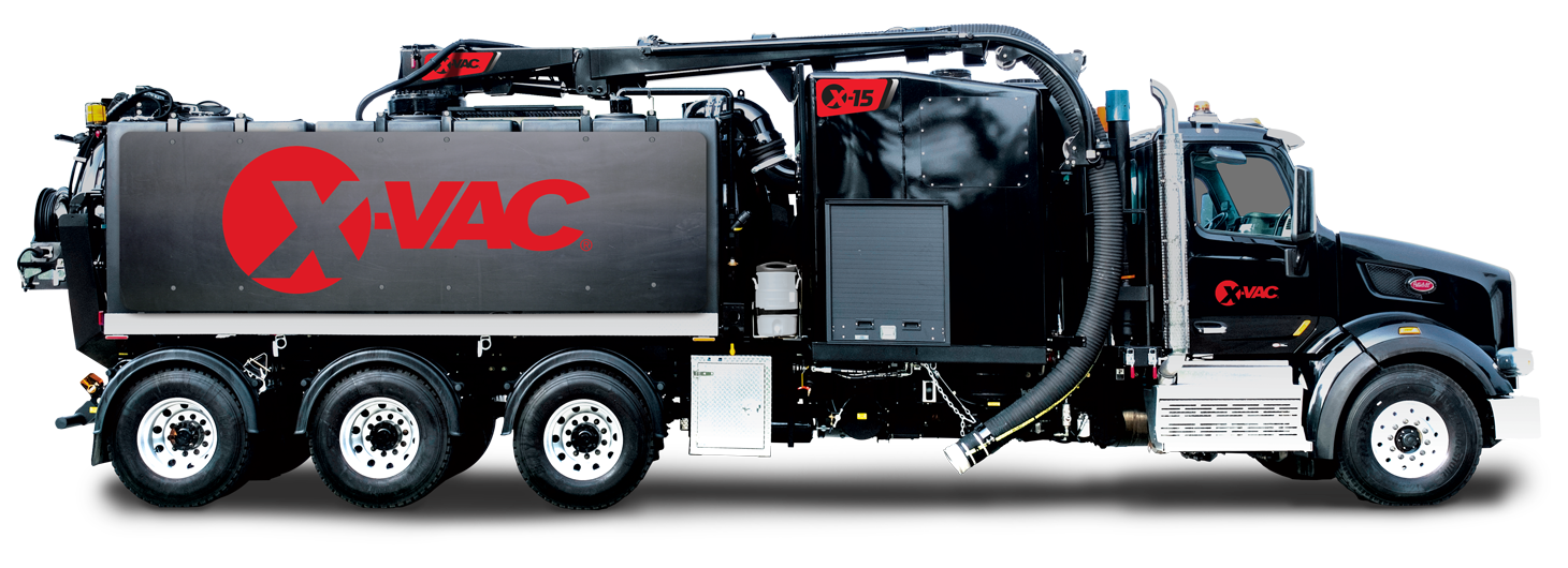 Black X‑Vac vacuum excavation truck with large tank, boom and suction hose, American-made hydro‑excavation equipment