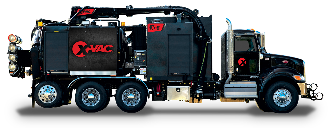 Black X-Vac X-8 hydro-excavation vacuum truck with boom, hose and debris tank — American-made heavy equipment.